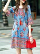 Shein Blue Drawstring Tribal Print Dress
