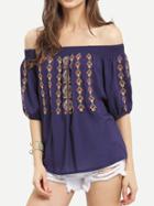 Shein Deep Blue Off The Shoulder Embroidered Blouse