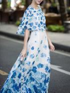 Shein Blue Round Neck Cape Floral Print Dress