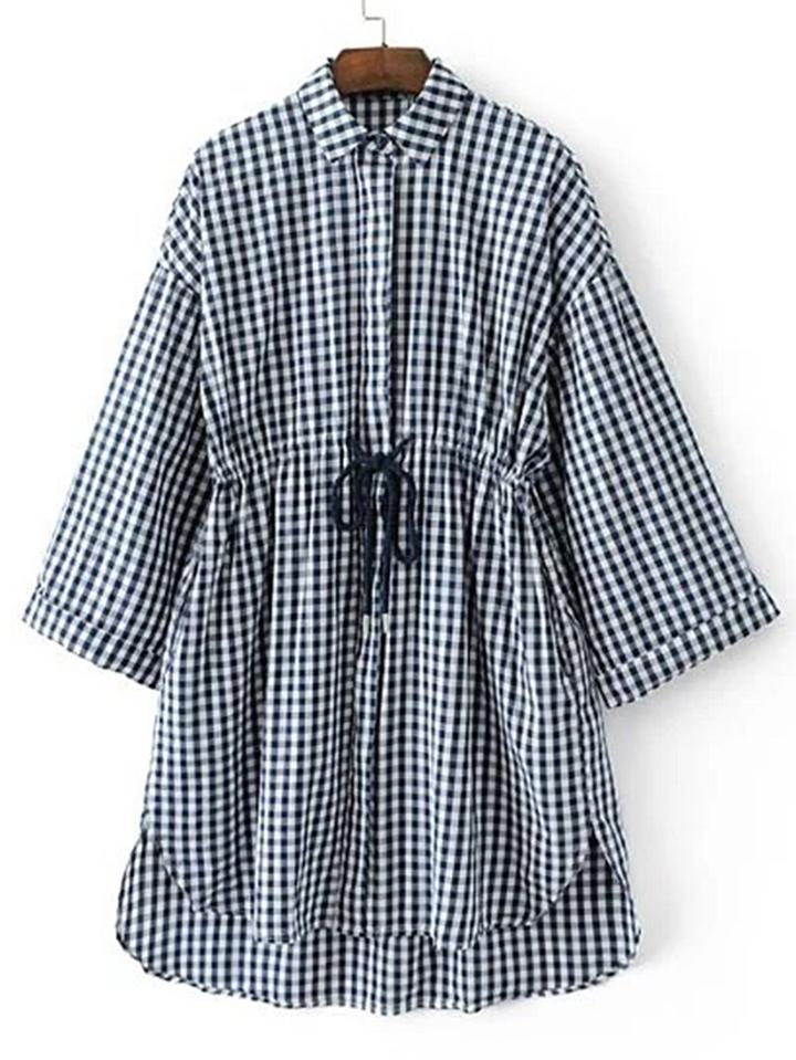 Shein Rolled Cuff Gingham Drawstring High Low Shirt Dress