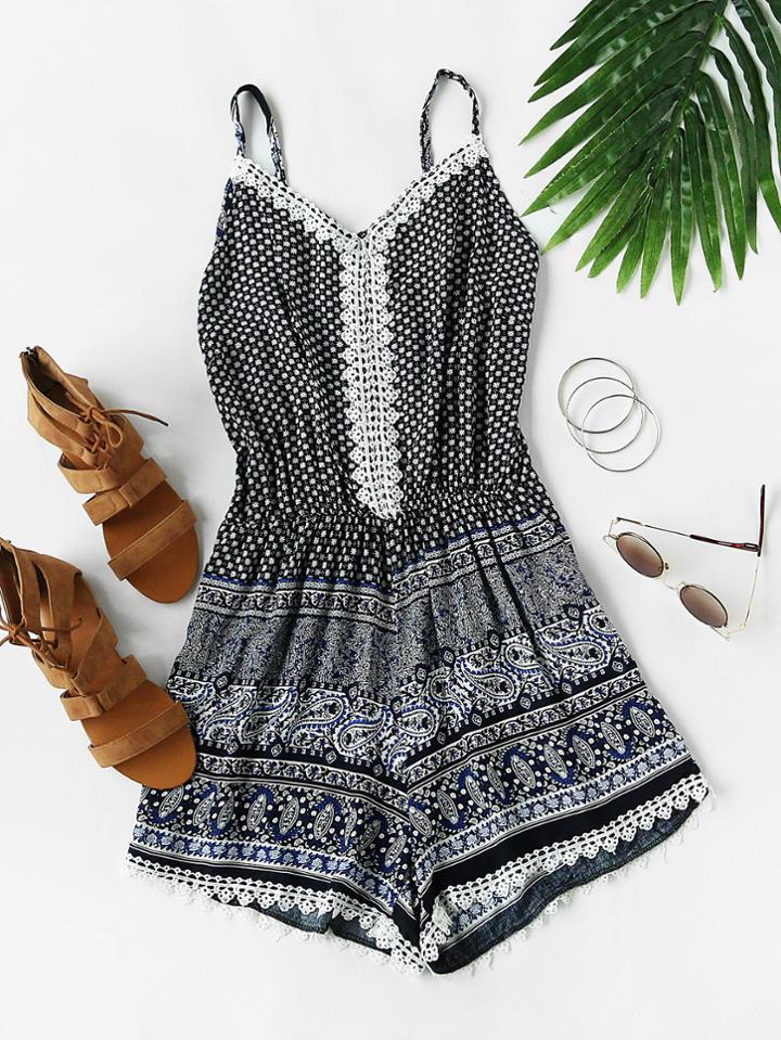 Shein Aztec Printed Random Lace Trim Cami Romper