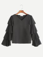 Shein Black V Neck Tiered Bell Sleeve Chiffon Blouse