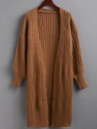 Shein Khaki Lantern Sleeve Ribbed Cardigan