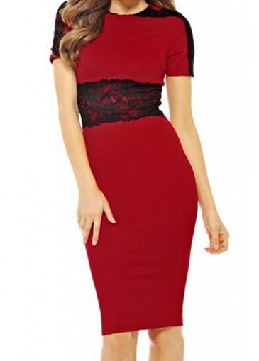 Rosewe Short Sleeve Lace Splicing Knee Length Dress