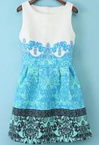 Shein Blue Round Neck Sleeveless Flowered Floral Jacquard Motley Dress