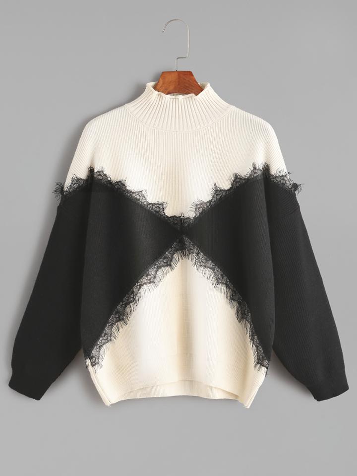 Shein Color Block Mock Neck Contrast Eyelash Lace Trim Sweater