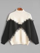 Shein Color Block Mock Neck Contrast Eyelash Lace Trim Sweater