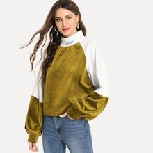 Shein Bishop Sleeve Letter Embroidery Velvet Sweatshirt