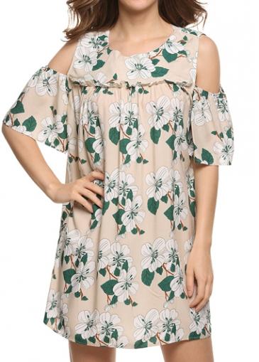 Rosewe Flower Print Cold Shoulder Straight Dress