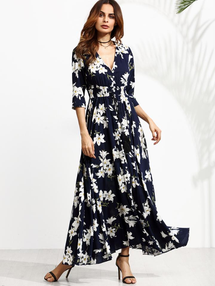 Shein Navy Floral Print V Neck Drawstring Button Dress