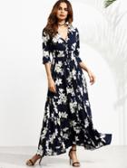 Shein Navy Floral Print V Neck Drawstring Button Dress