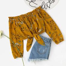 Shein Off Shoulder Floral Print Random Knot Hem Top