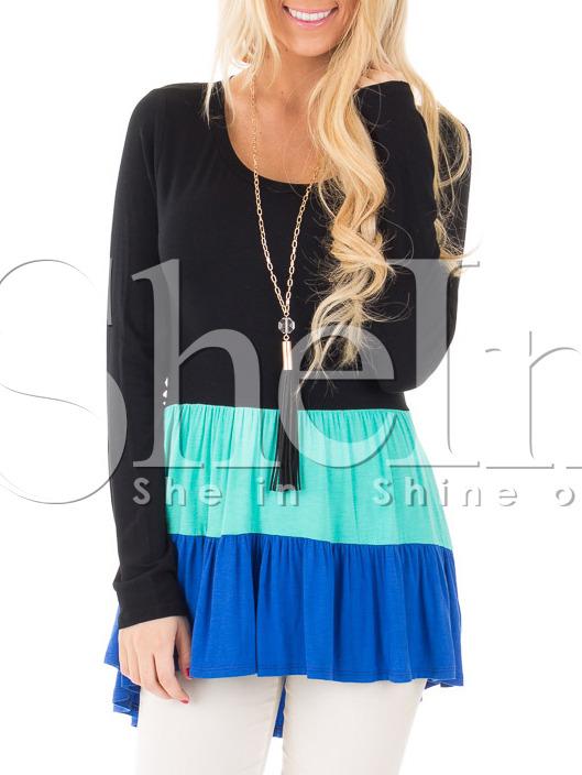 Shein Black Green Blue Ruffle Color Block Hems High Low Blouse