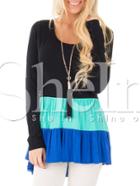 Shein Black Green Blue Ruffle Color Block Hems High Low Blouse