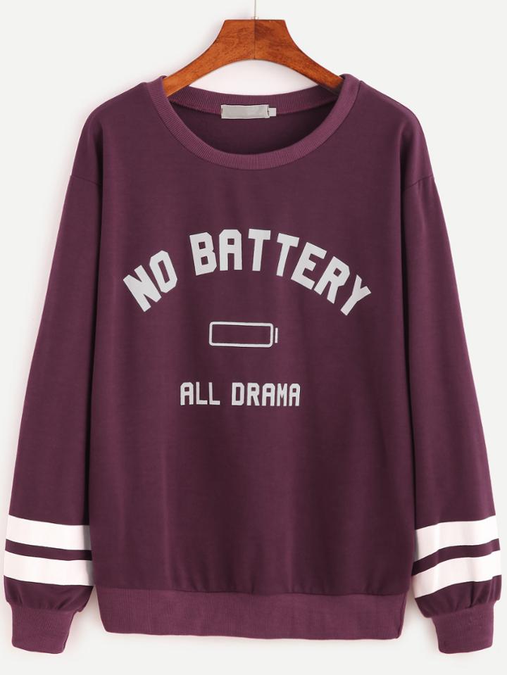 Shein Purple Varsity Striped And Letter Print Sweatshirt