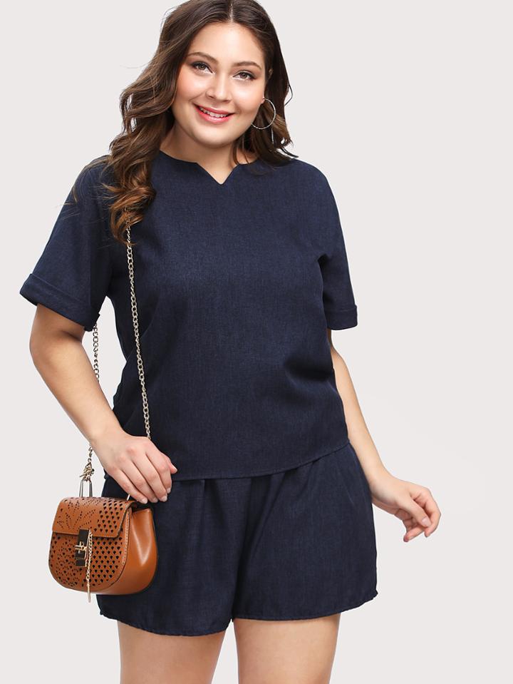 Shein V Cut Roll Cuff Top With Shorts