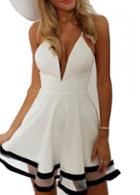 Rosewe V Neck Mesh Splicing White A Line Dress