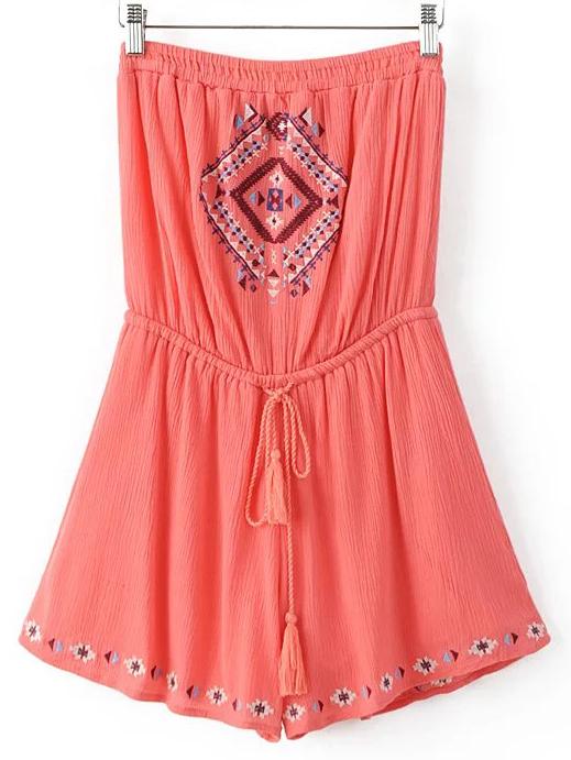 Shein Pink Embroidery Drawstring Siamese Trousers