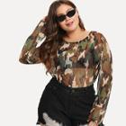 Shein Plus Long Sleeve Sheer Camo Top