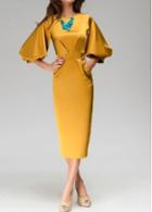 Rosewe Lantern Sleeve High Waist Golden Yellow Dress