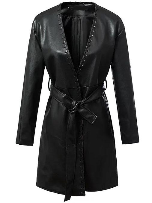 Shein Black Self Tie Pu Trench Coat
