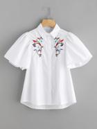 Shein Symmetric Embroidery Puff Sleeve Shirt