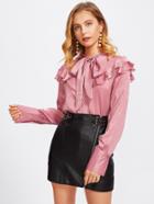 Shein Frill Detail Tied Neck Wide Cuff Blouse