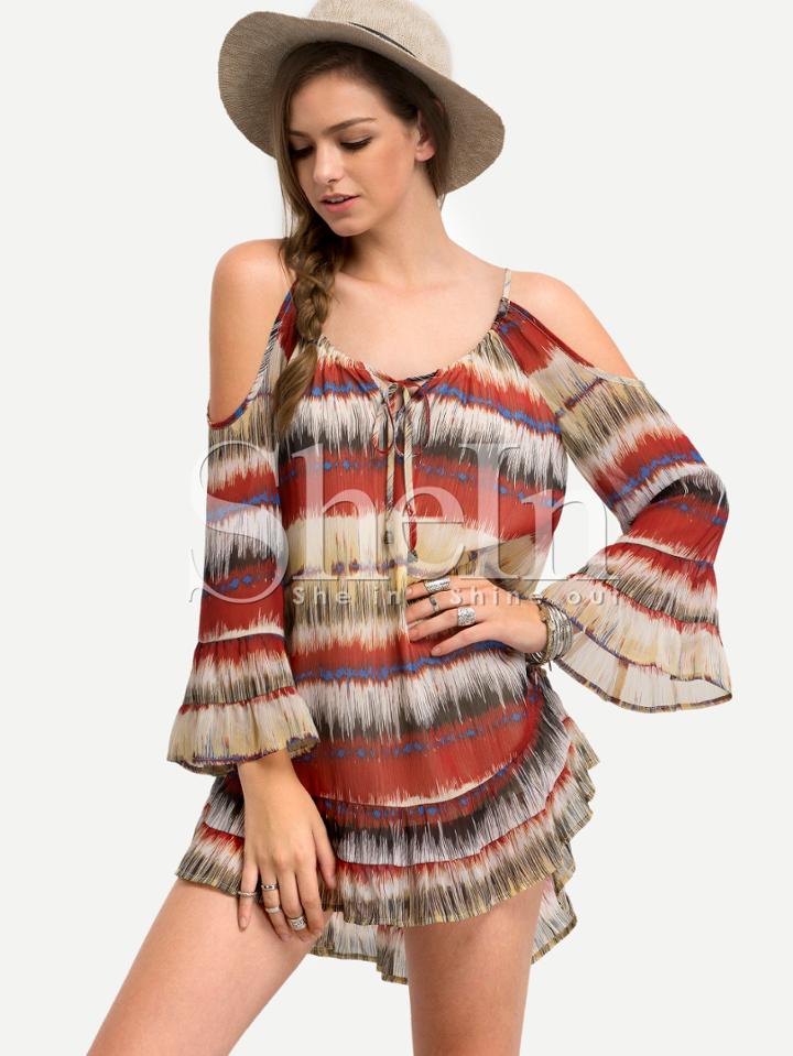 Shein Multicolor Print Cold Shoulder Ruffle High Low Blouse