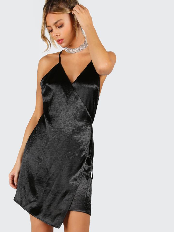 Shein Black Surplice Wrap Crisscross Back Asymmetric Cami Dress