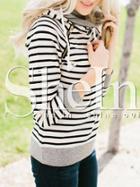 Shein Striped Drawstring Hooded Zipper Sweatshirt