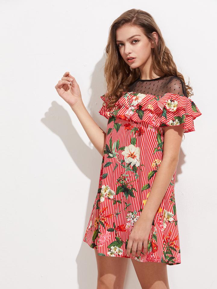Shein Dot Mesh Yoke Layered Flounce Mixed Print Dress