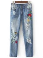 Shein Floral Embroidered Ripped Detail Jeans