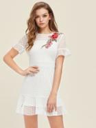 Shein Embroidered Rose Applique Square Cutout Frilled Dress