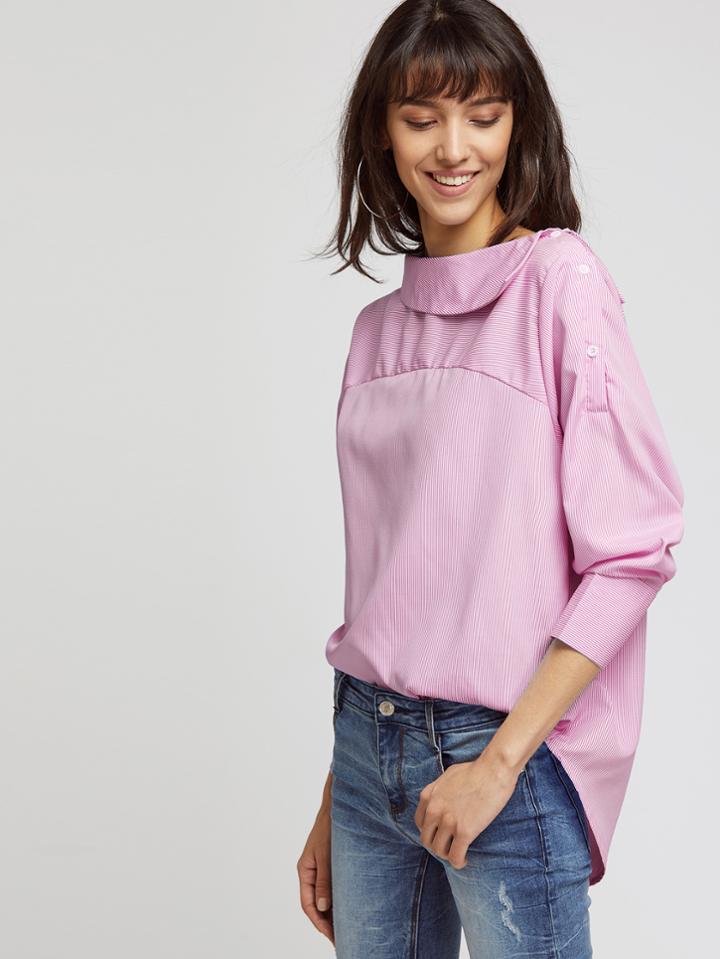 Shein Vertical Pinstripe Button Side Curved Hem Top