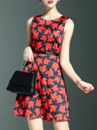 Shein Red Print Belted A-line Dress