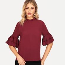 Shein Frill Neck Flounce Sleeve Keyhole Back Top