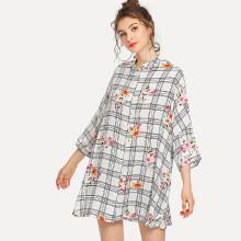 Shein Band Collar Plaid & Floral Shirt Dress