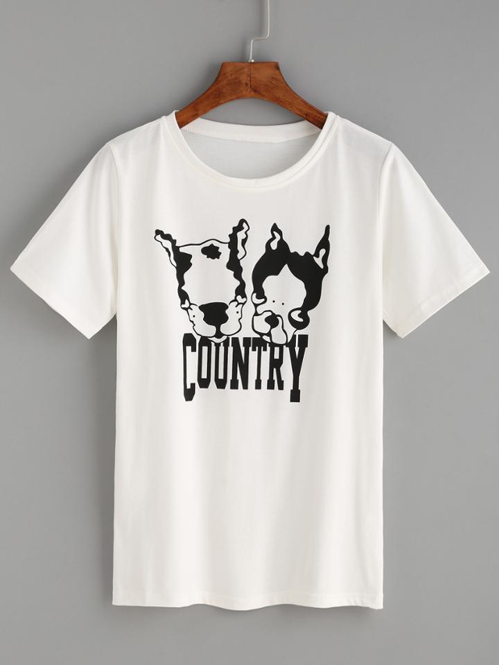 Shein White Bulldog Print T-shirt
