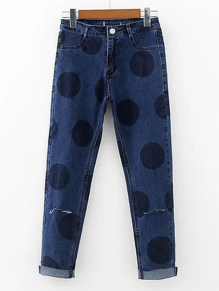 Shein Polka Dot Print Slit Front Jeans