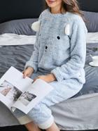 Shein Cartoon Bear Embroidered Plush Pullover & Pants Pj Set