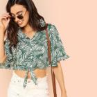 Shein Leaf Print Knot Front Crop Blouse