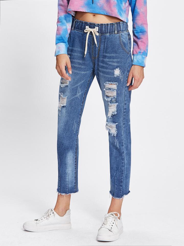 Shein Raw Hem Ripped Drawstring Jeans