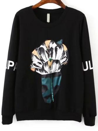 Shein Black Round Neck Embroidered Loose Sweatshirt