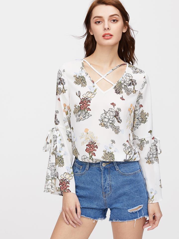 Shein Crisscross V Neck Split Tie-sleeve Botanical Print Top