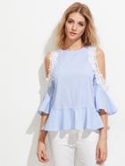 Shein Open Shoulder Lace Applique Bell Sleeve Frilled Top