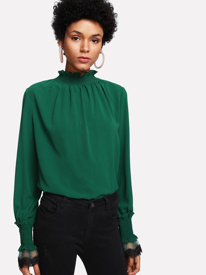 Shein Frill Detail Smocked Neck And Cuff Top