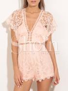 Shein Pink V-neck Batwing Sleeve Hollow Lace Jumpsuit