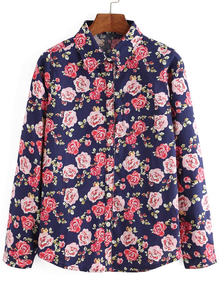 Shein Multicolor Long Sleeve Rose Print Blouse