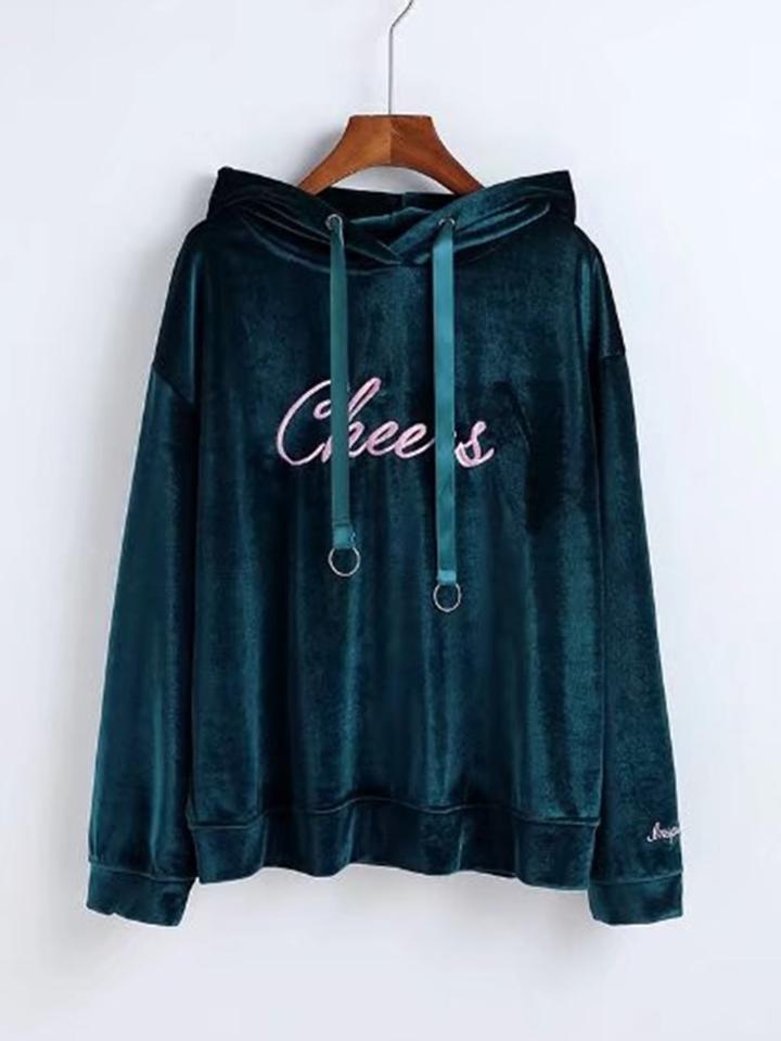 Shein Slogan Embroidery Velvet Hoodie