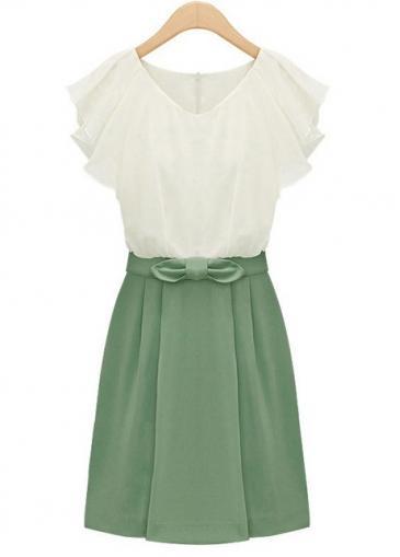 Rosewe A Line V Neck Lotus Leaf Sleeve Color Blocking Dress
